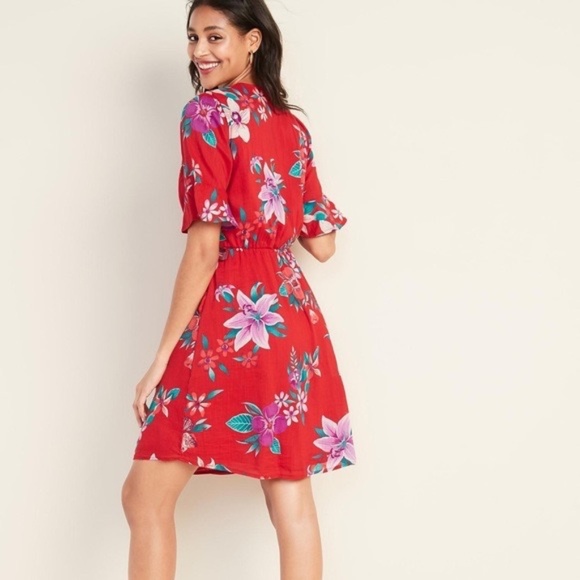 Old Navy  Waist-Defined  Red Bell-Sleeve Faux-Wrap Dress Large - Picture 2 of 8